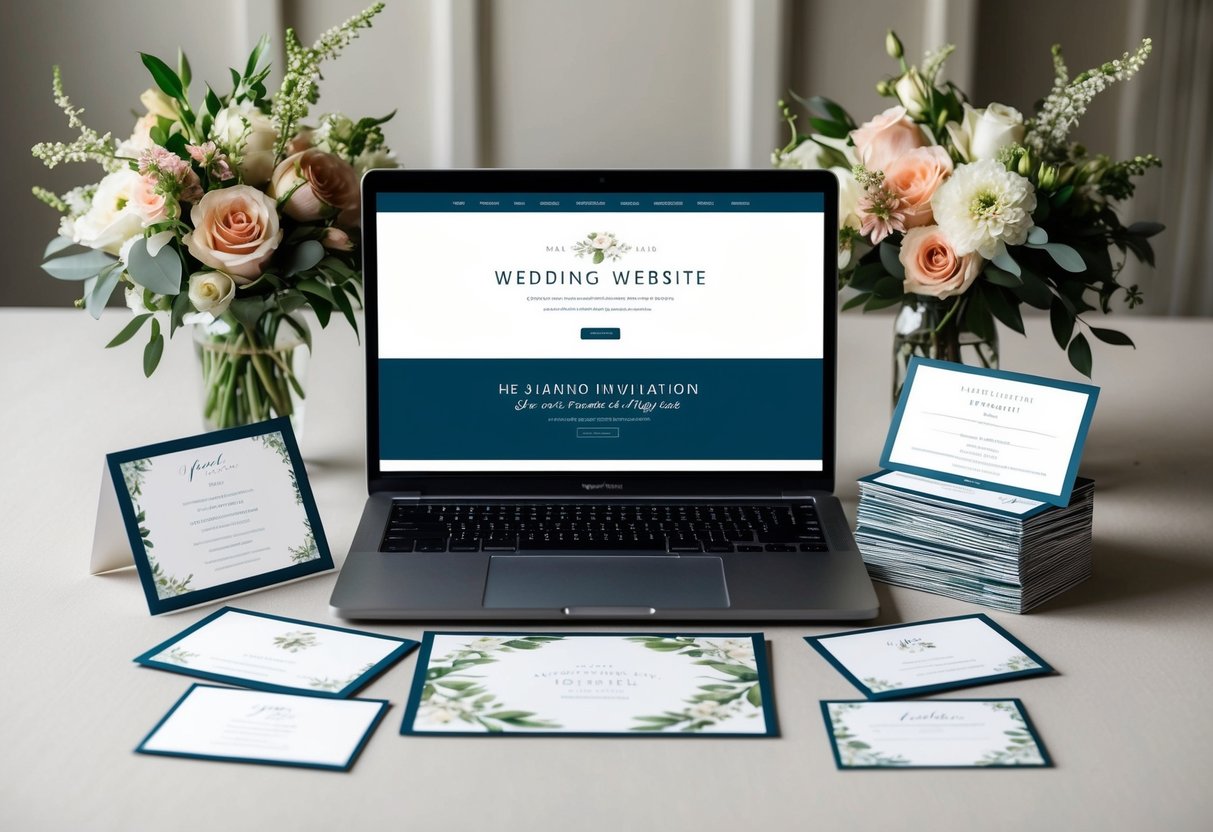 A couple's wedding website displayed on a laptop, surrounded by elegant floral decorations and a stack of beautifully designed invitation cards