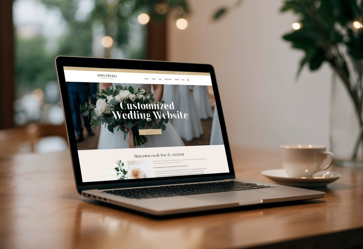 A laptop displaying a customized wedding website with elegant design elements and personalized features