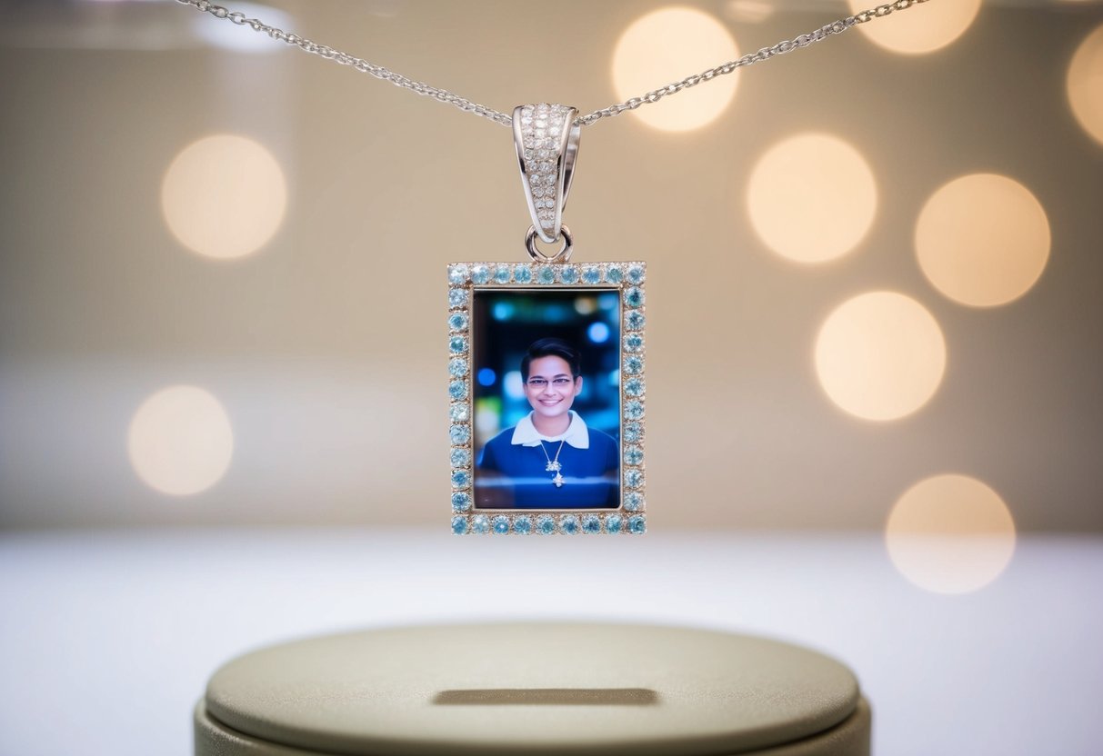 A sparkling custom picture pendant hanging from a delicate chain, catching the light in a jewelry display