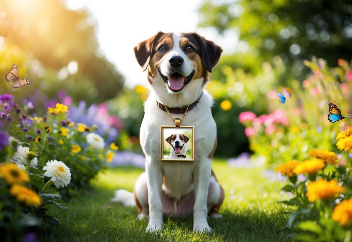 A smiling family dog wearing a custom picture pendant, sitting in a sunlit garden surrounded by colorful flowers and butterflies