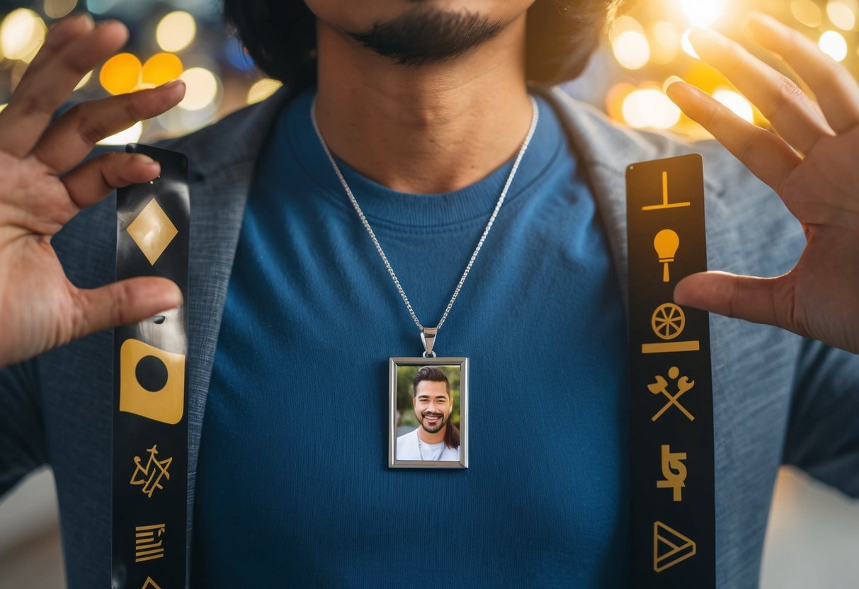 A person wearing a pendant with a custom picture, surrounded by meaningful objects and symbols