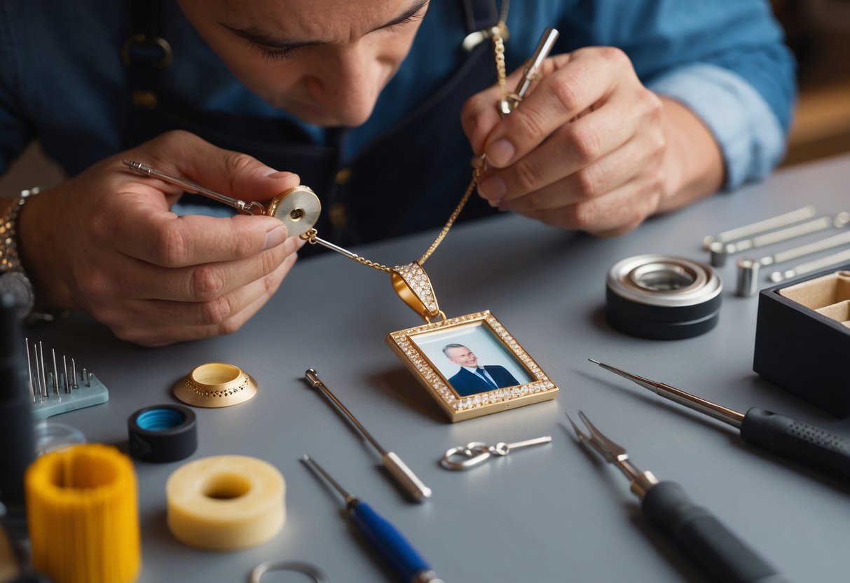 A jeweler carefully assembling a custom picture pendant with precision tools and delicate materials