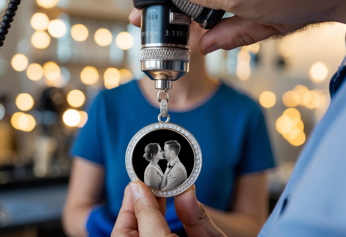 A jeweler engraves a custom picture onto a silver pendant