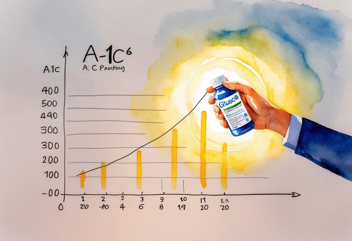 A hand reaching for a gluco6 bottle, surrounded by a glowing A1C chart with levels decreasing rapidly