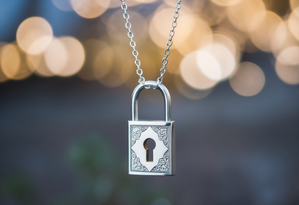 A silver lock necklace hangs from a delicate chain, with a small keyhole and intricate engravings