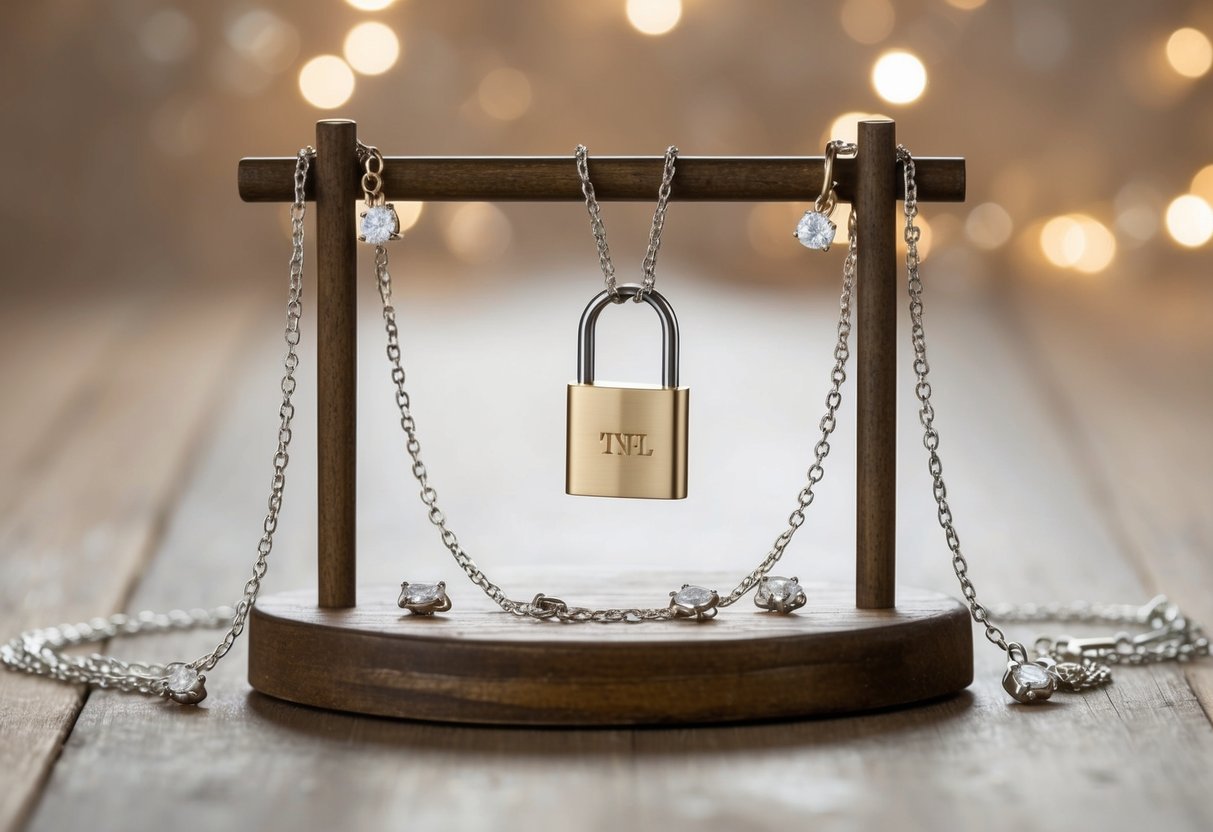 A personalized lock necklace hangs from a rustic wooden jewelry stand, surrounded by delicate chains and sparkling gemstones