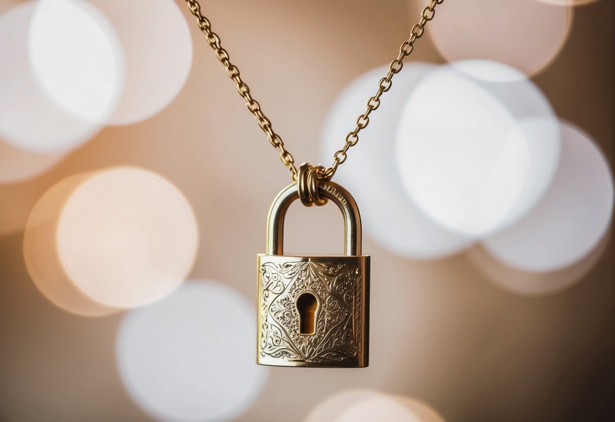 A handcrafted lock necklace with intricate engravings and a delicate chain