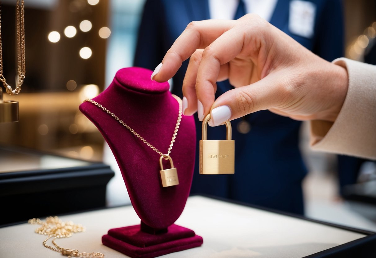 A hand reaching for a personalized lock necklace displayed on a velvet-lined jewelry stand in a boutique