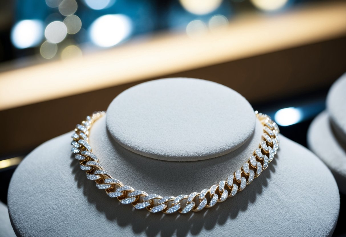 A sparkling white gold chain rests on a velvet jewelry display, catching the light with its shimmering elegance