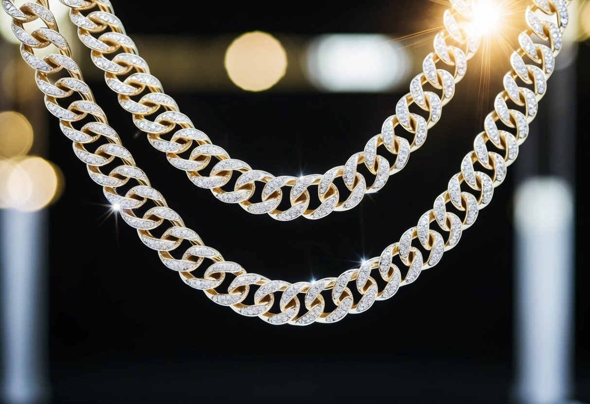 A sparkling white gold chain dangles from a jewelry display, catching the light and casting a shimmering reflection