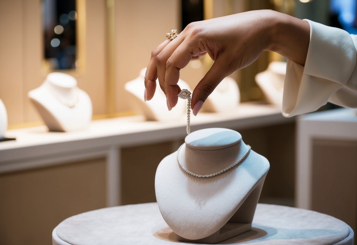 A hand reaching for a delicate white gold chain displayed on a velvet-lined jewelry stand in a well-lit boutique