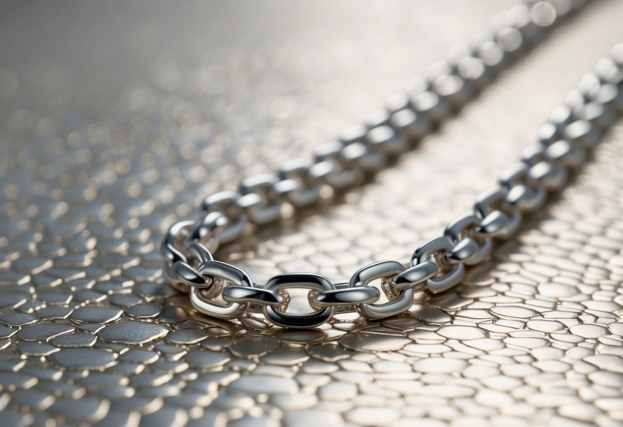 A gleaming white gold chain lies against a textured white gold alloy background