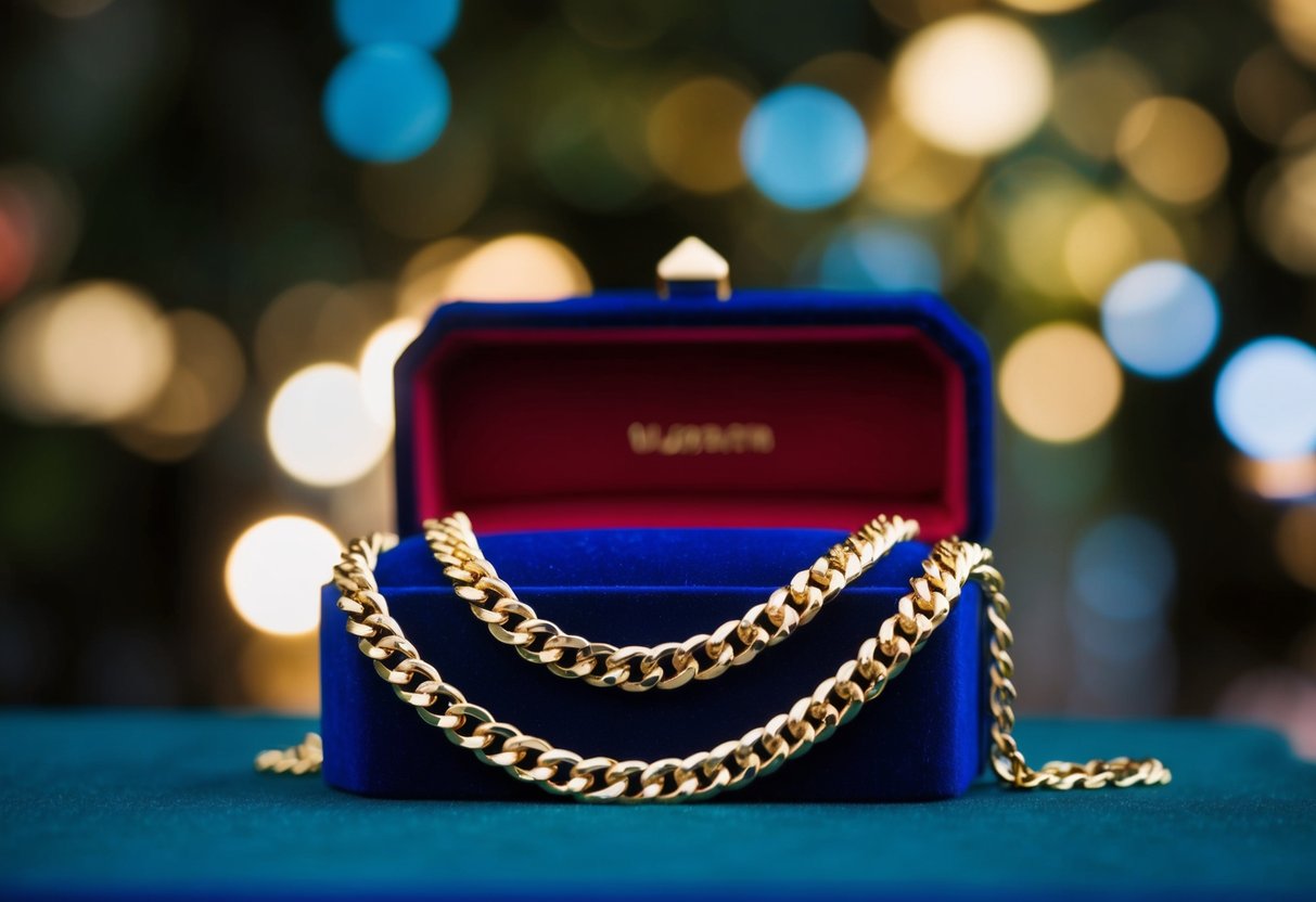 A custom gold chain draped over a velvet jewelry box