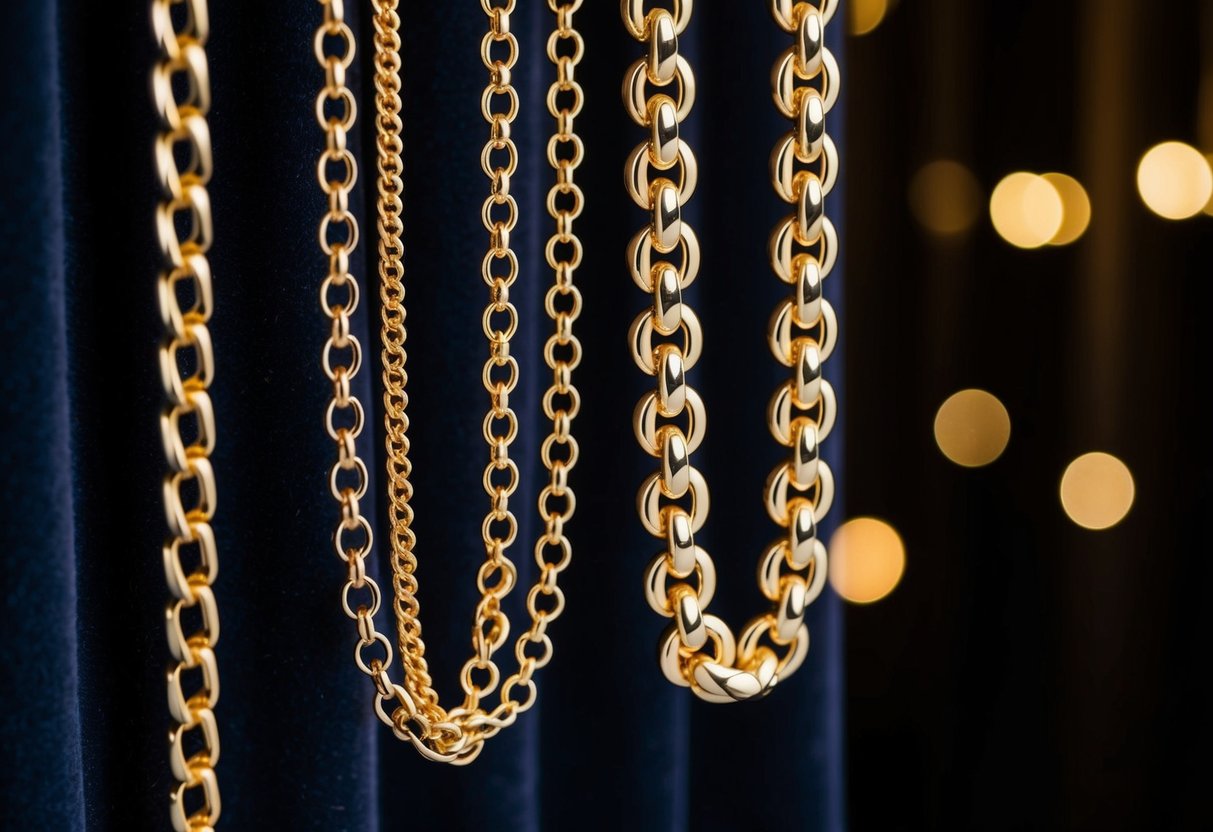 A gleaming custom gold chain, made from various gold alloys, hangs against a dark velvet backdrop, catching the light and casting a warm, luxurious glow