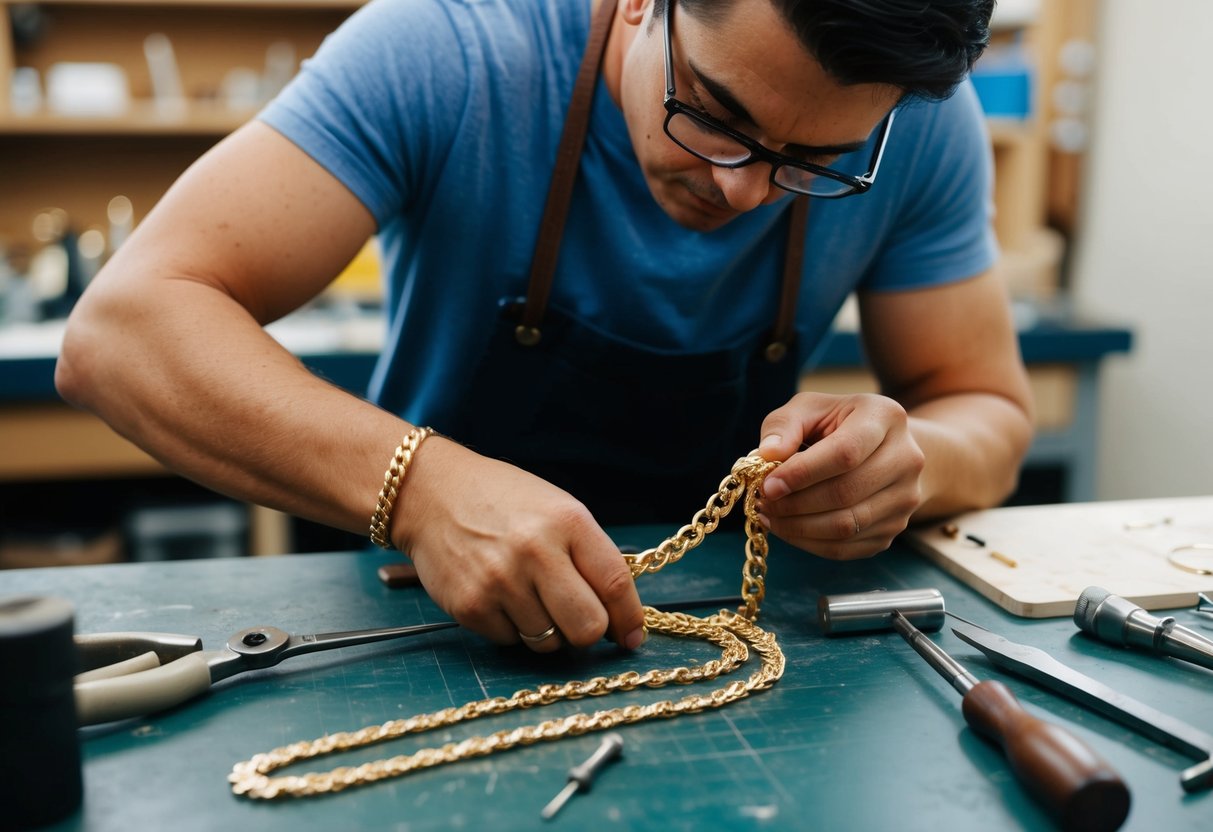 A jeweler carefully crafting a custom gold chain with precision tools on a workbench