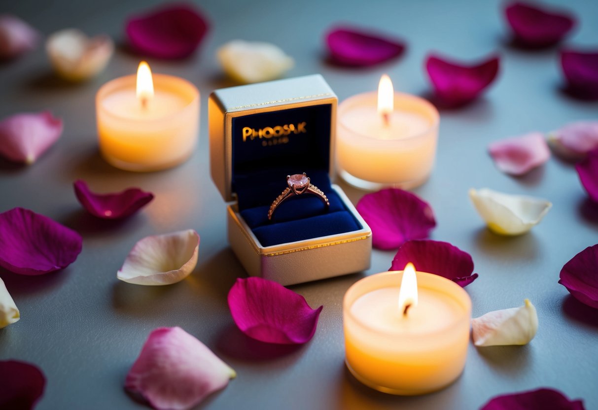 A small box with a delicate ring inside, surrounded by soft candlelight and rose petals