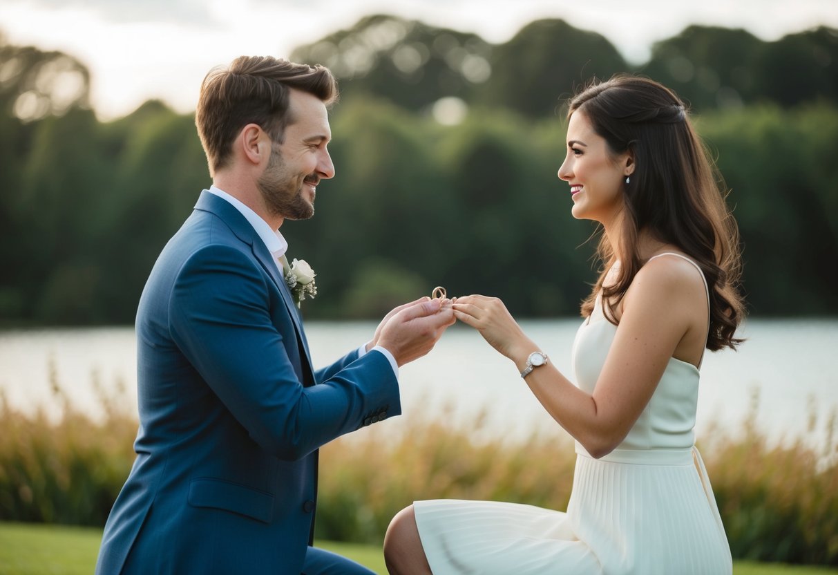 A man kneels, presenting a small ring to a woman, symbolizing their commitment and love for each other