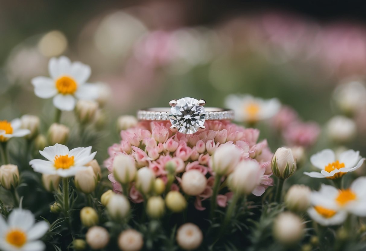 A sparkling promise ring nestled in a bed of delicate flowers