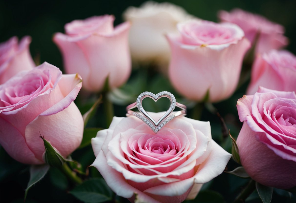 A silver ring with a delicate heart-shaped design rests on a bed of blooming roses, symbolizing love and commitment