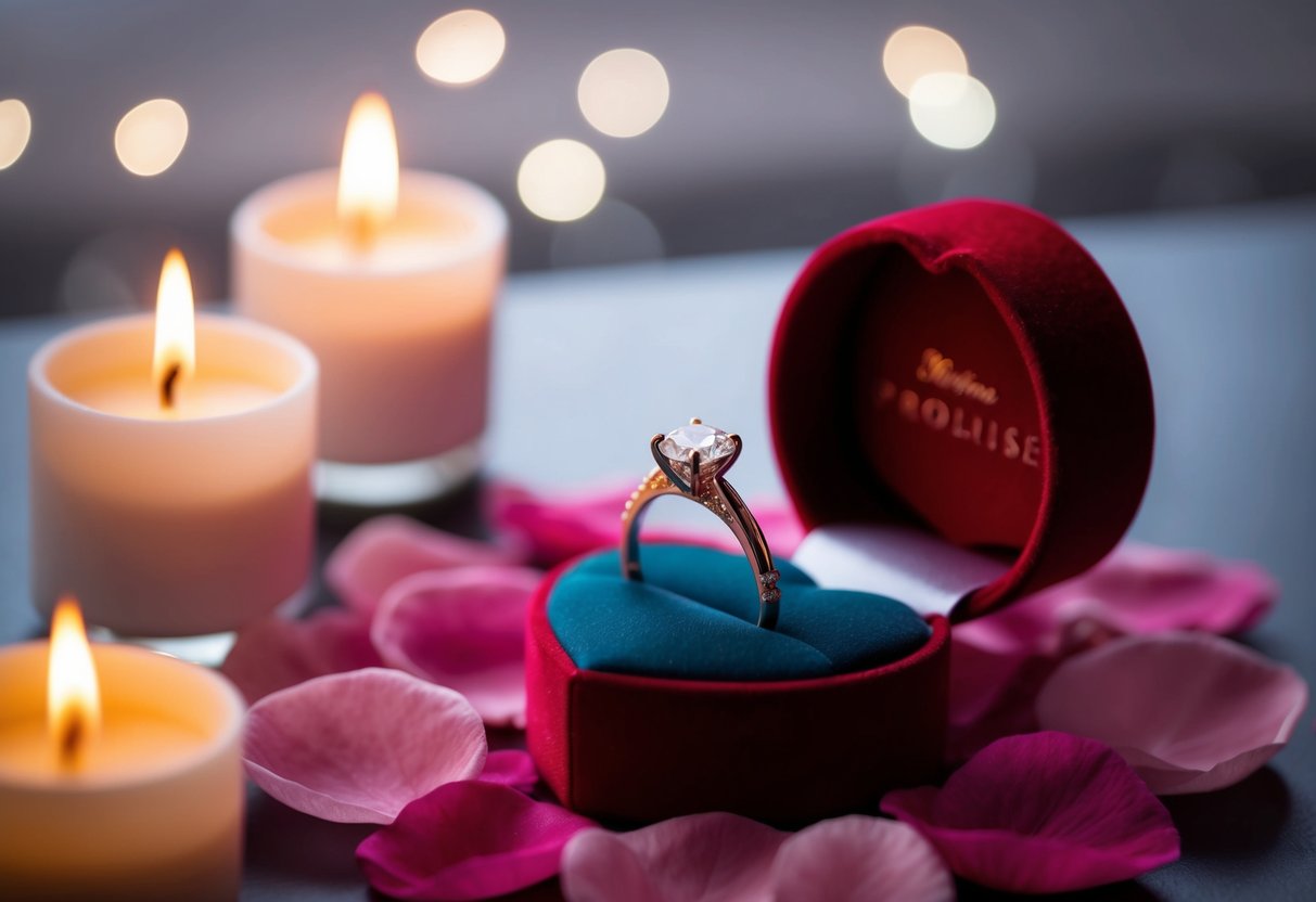 A delicate promise ring sits on a bed of rose petals, surrounded by soft candlelight and a heart-shaped box