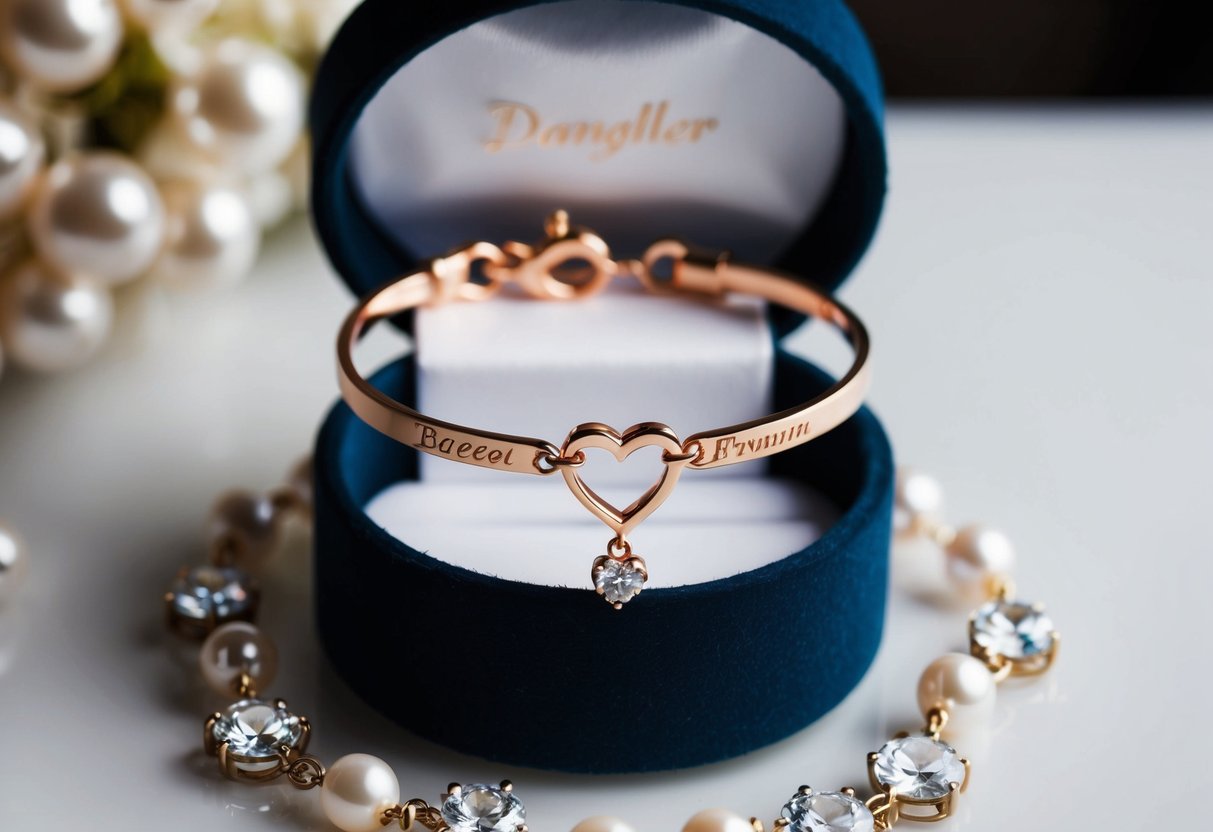 A delicate heart-shaped bracelet with an engraved name dangles from a jewelry box, surrounded by sparkling gemstones and pearls