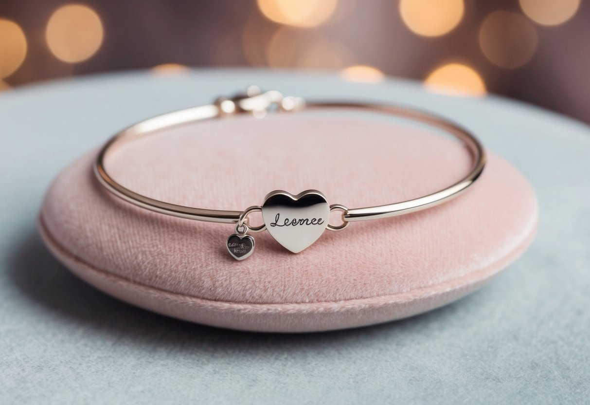 A delicate heart-shaped bracelet with a small charm, engraved with a personal message, resting on a soft, pastel-colored velvet cushion