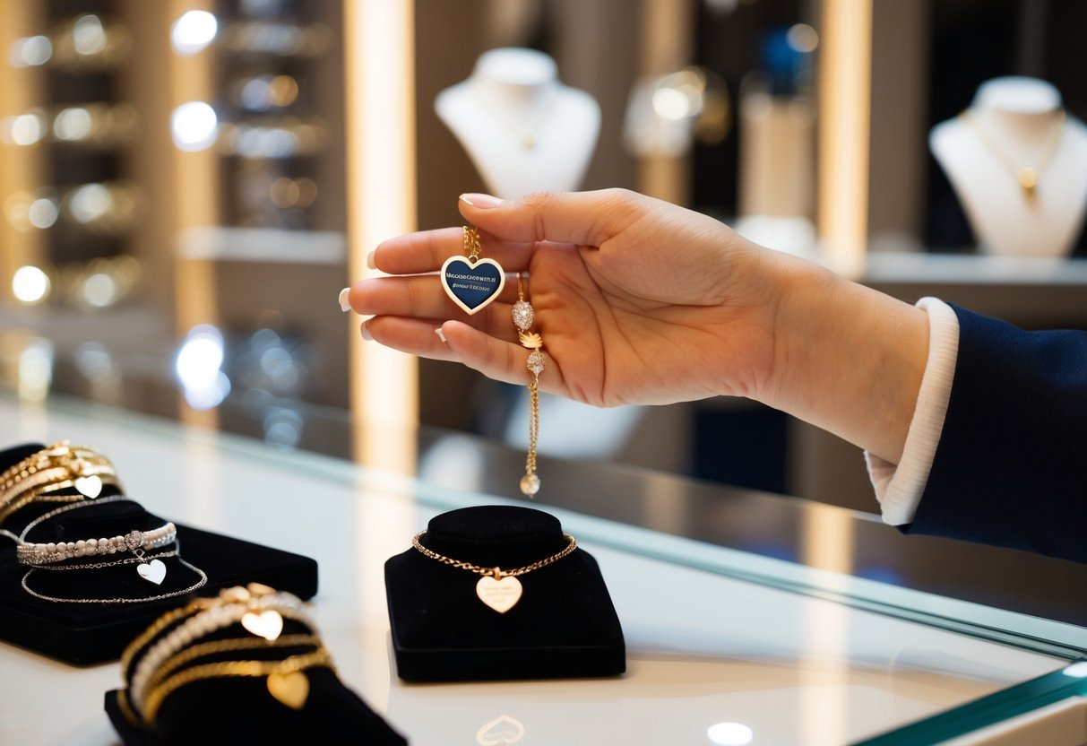 A hand reaches out to select a personalized heart bracelet from a display of various jewelry options