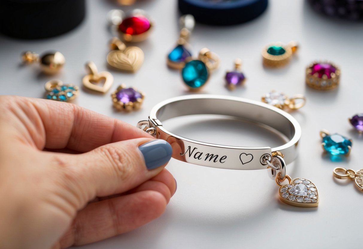 A delicate heart bracelet being engraved with a name, surrounded by various charms and gemstones