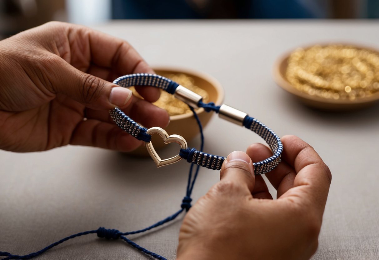 A skilled artisan meticulously weaves together strong, shimmering threads to form a personalized heart bracelet with exquisite craftsmanship