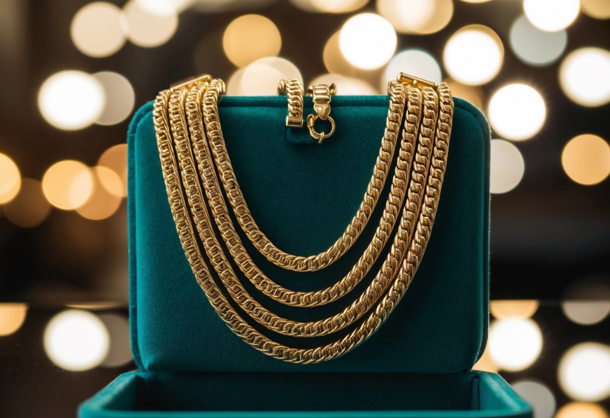 A gleaming 14k gold necklace draped over a velvet jewelry box