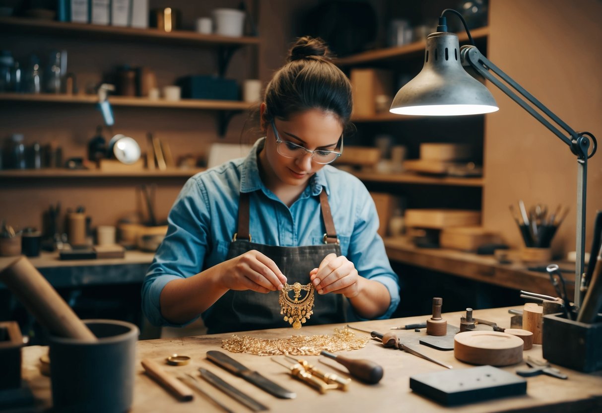 A goldsmith crafting intricate 14k gold jewelry, surrounded by tools and raw materials in a cozy workshop