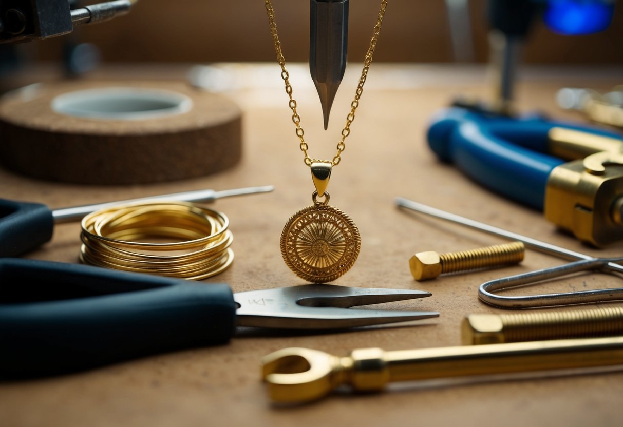 A jeweler's workbench with 14k gold wire, tools, and a finished 14k gold pendant