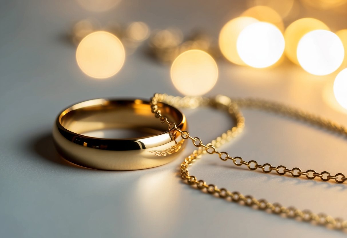 A shimmering 14k gold ring sits beside a sleek 14k gold necklace, both casting a warm glow in the soft light