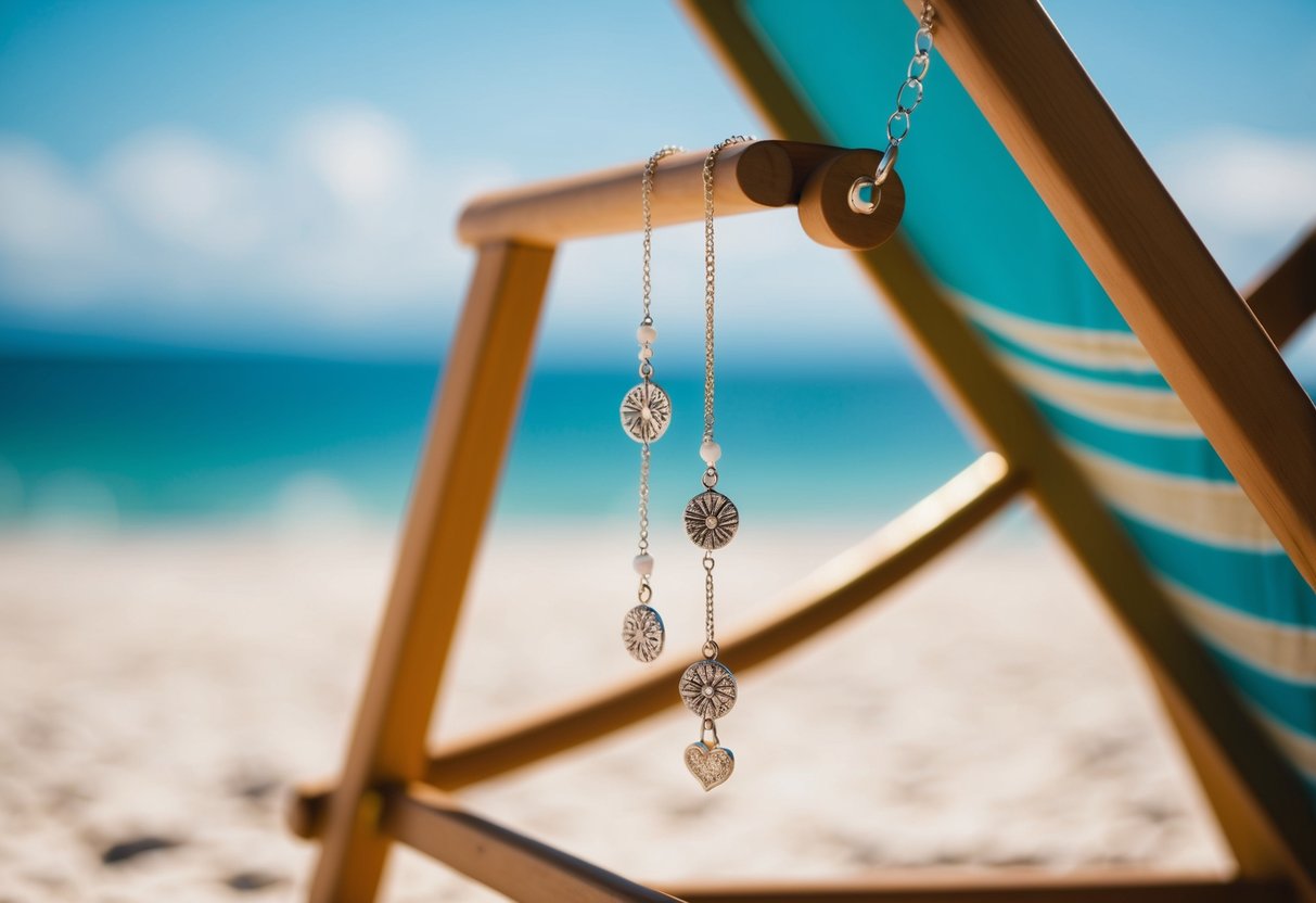 A custom anklet adorned with delicate charms dangles from a sunlit beach chair