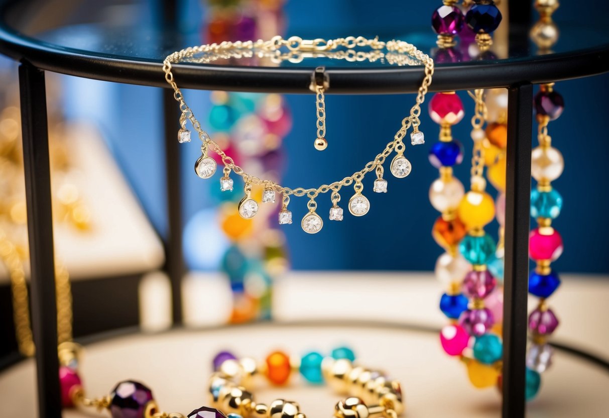 A sparkling anklet with delicate charms hangs from a jewelry display, surrounded by colorful beads and gemstones