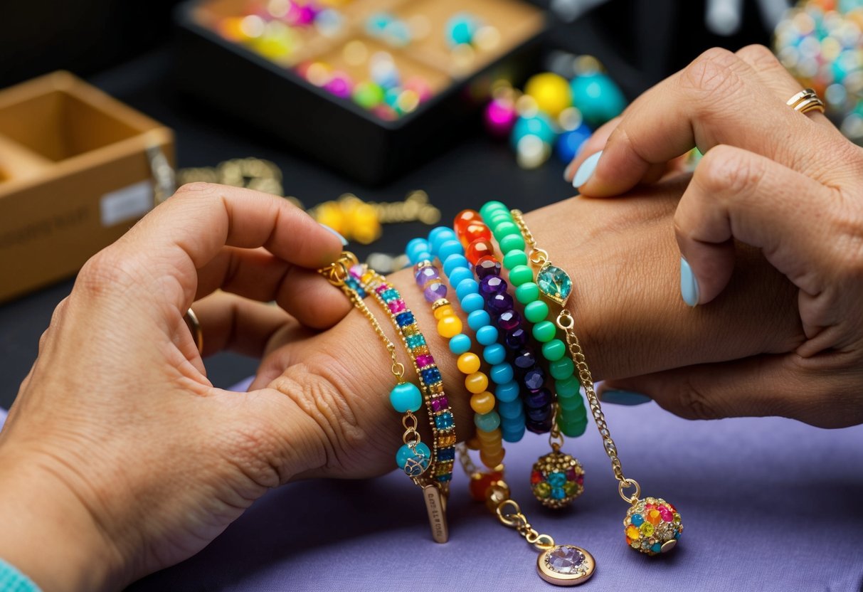 A jeweler carefully selects and arranges colorful beads and charms to create a unique custom anklet