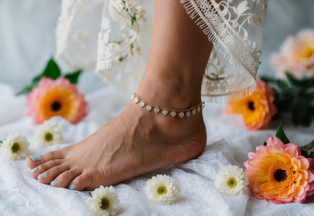 A delicate ankle adorned with a custom anklet, surrounded by flowers and delicate lace fabric