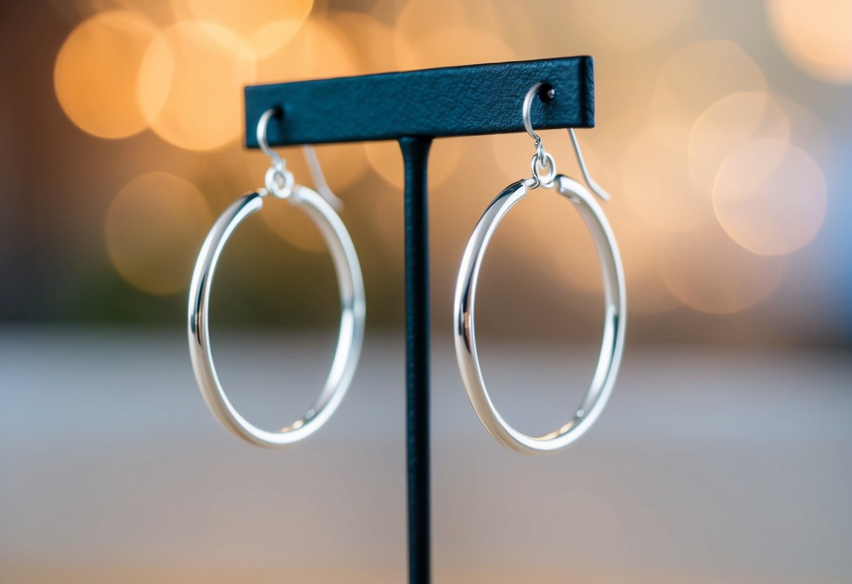 Two silver hoop earrings dangling from a jewelry stand