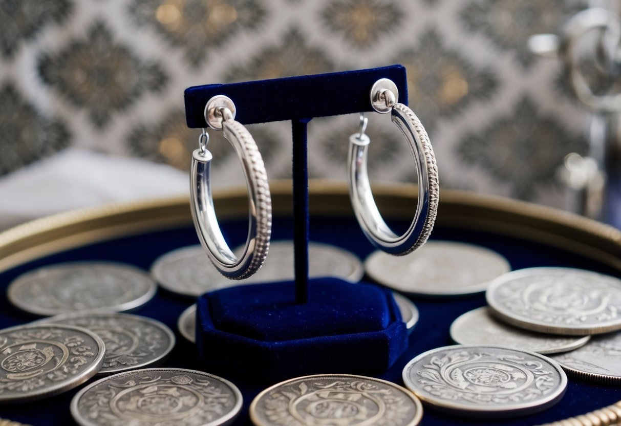 A pair of silver hoop earrings displayed on a velvet-lined jewelry stand, surrounded by antique silver coins and intricate filigree patterns