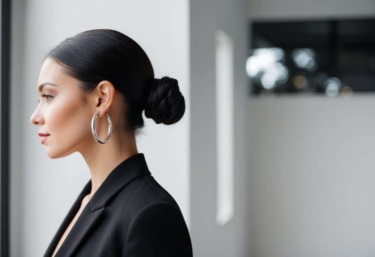 A woman's ear wearing silver hoop earrings, styled with a sleek updo and a minimalist outfit in a modern, minimalist setting