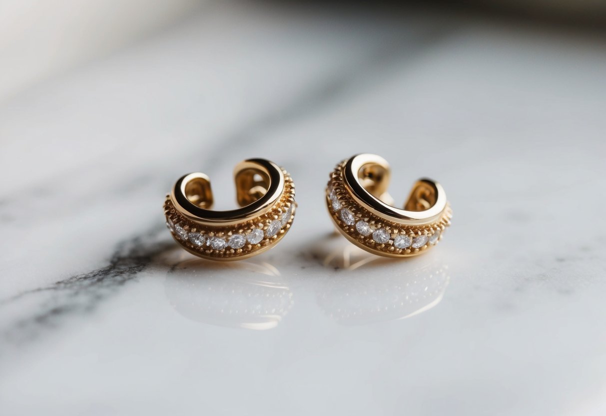 A close-up of a pair of cartilage earrings on a white marble background, with soft natural lighting highlighting the intricate details of the jewelry