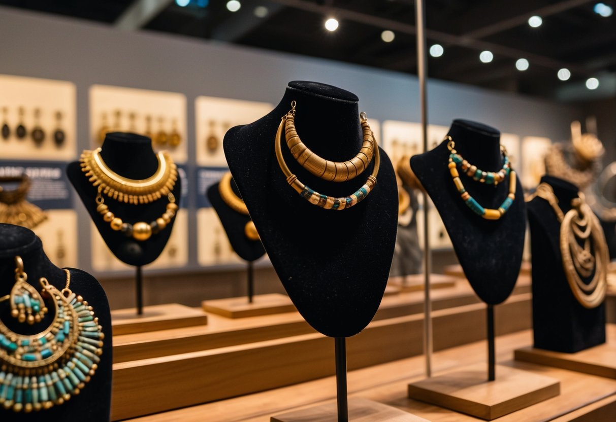 A display of ancient artifacts, including various styles of cartilage earrings, showcased in a museum exhibit