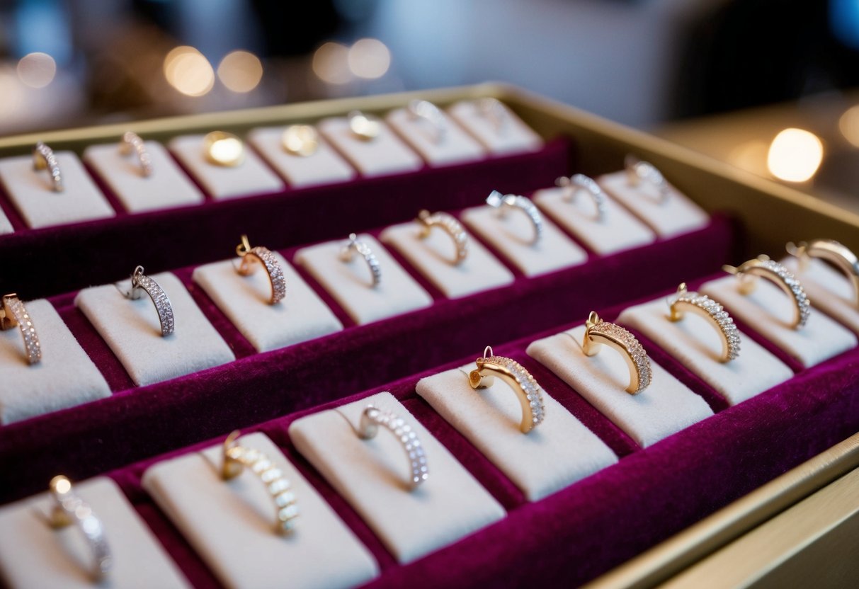 A display of various cartilage earrings arranged on a velvet-lined tray, catching the light with their shimmering studs and delicate hoops