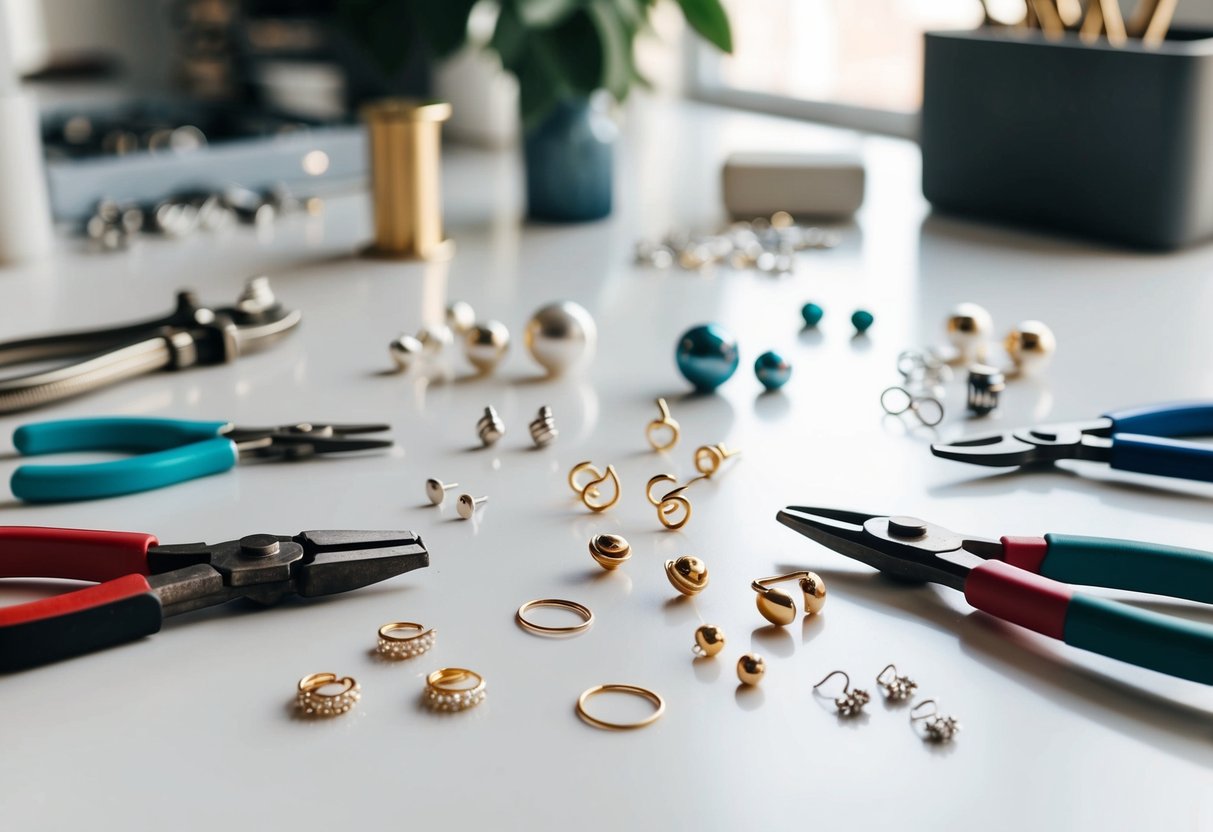 A table with small pliers, wire cutters, and various sizes and styles of cartilage earrings scattered across a clean, well-lit workspace