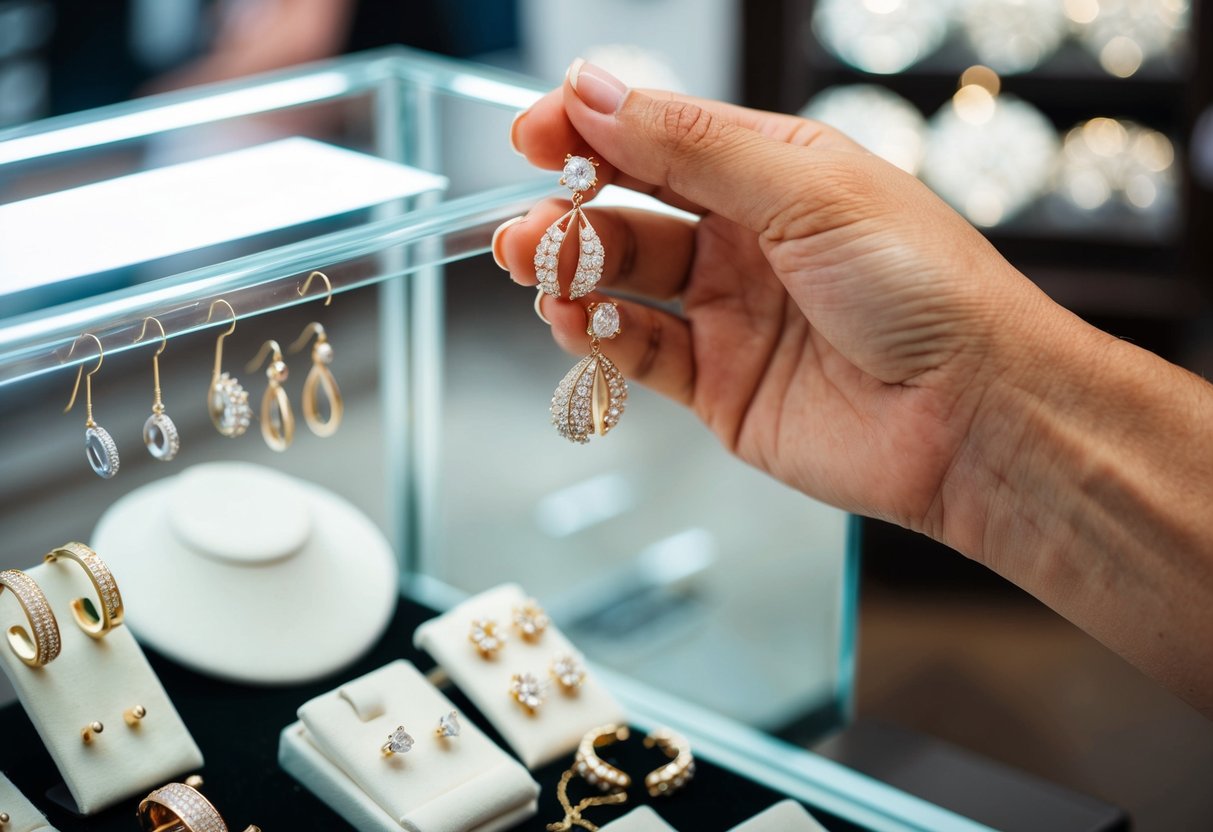 A hand reaching for a display of various cartilage earrings in a jewelry store