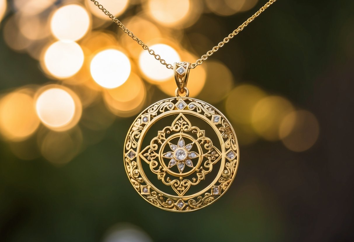 A custom gold pendant, adorned with intricate designs, hangs from a delicate chain, catching the light and casting a warm, golden glow