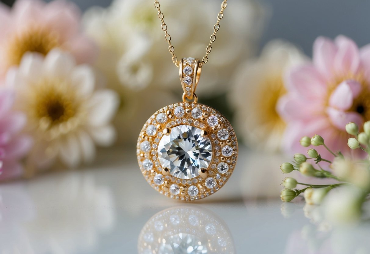 A sparkling custom gold pendant gleams in soft, natural light, surrounded by delicate floral accents and intricate details