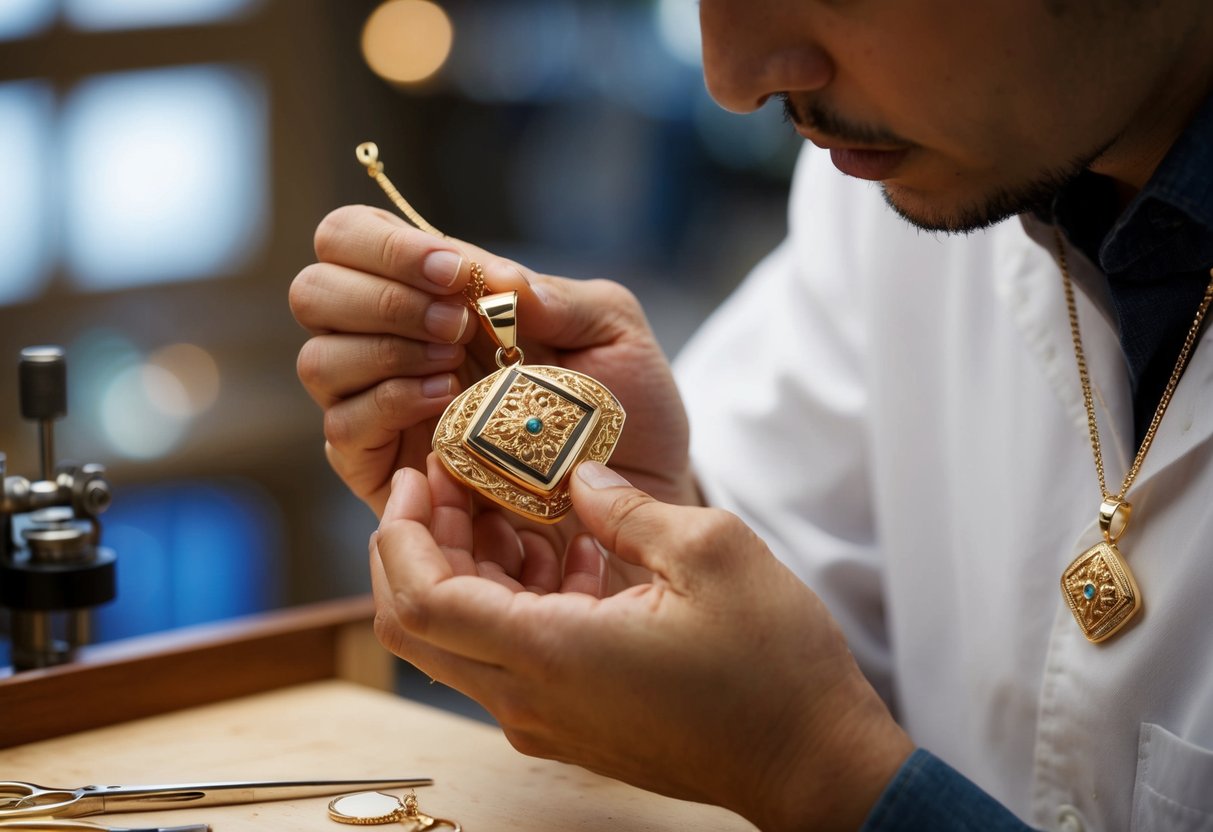 A jeweler carefully crafting a custom gold pendant with intricate details and a polished finish