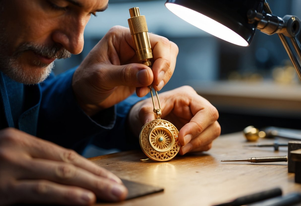 A skilled artisan meticulously crafting a custom gold pendant with precision tools and techniques