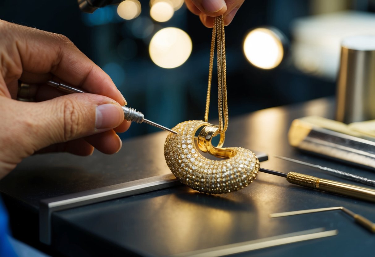 A jeweler carefully crafting a shimmering gold pendant with precision tools and high-quality materials